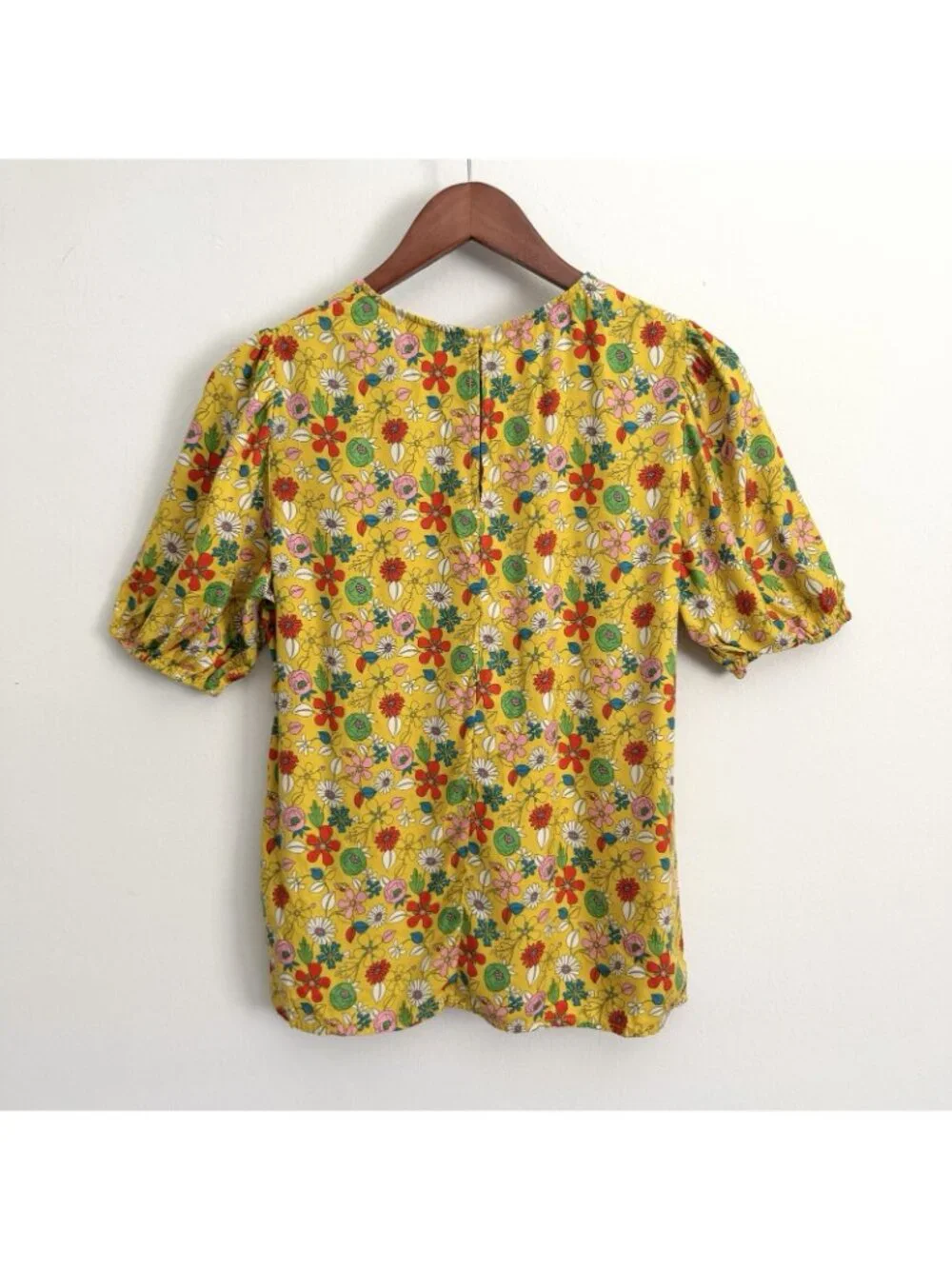 Boden Adriana Puff Sleeve Top Yellow Honeycomb Floral Blouse Women’s US 4